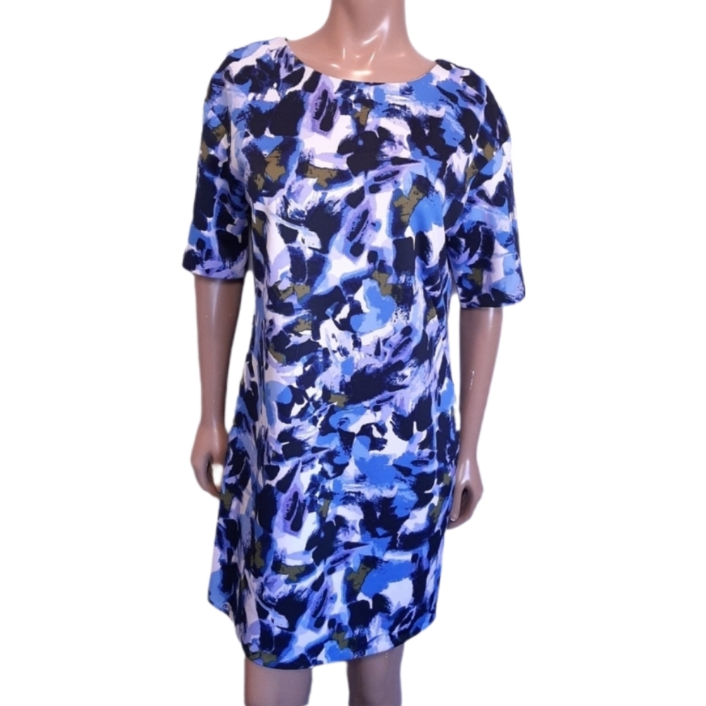 H By Halston Shift Dress Blue Abstract Short Sleeve Womens Medium